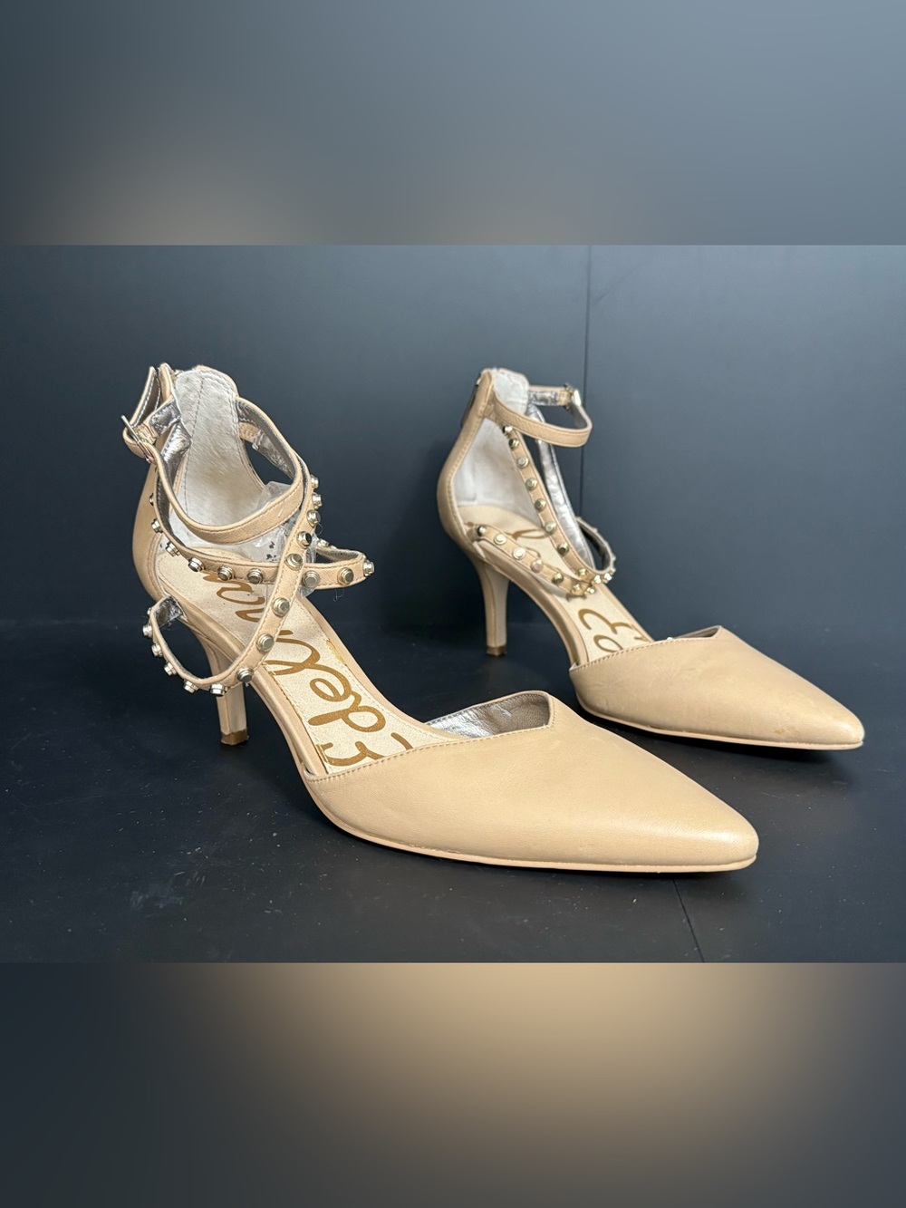 Sam Edelman Nude Studded Pointed Toe Ankle Strap Heels Size 8M